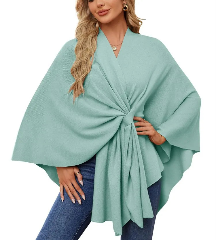 Women's Trendy Autumn And Winter Loose V-Neck Shawl Cape Elegant Shawl Wraps Casual Solid Color Soft Open Front Poncho bat shirt