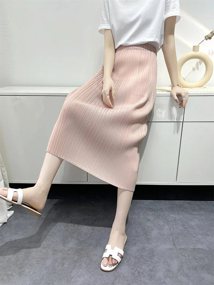 Fold Miyake Pleated Comfortable Casual Half-body Skirt Women High Waisted Thin 2025 Summer New Small Pleated Medium Skirt