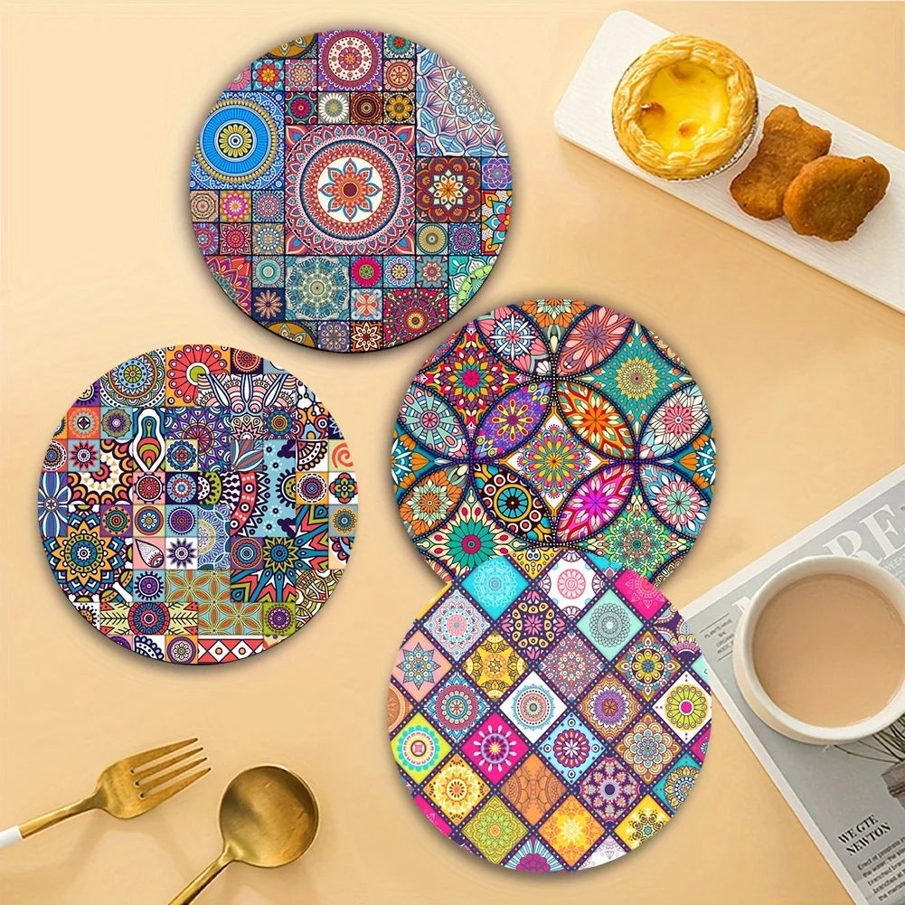 Set of 4 Mandala Wooden Placemats-Durable,Heat-Resistant, Non-Slip and Easy to Clean-Perfect for Home,Office, Party and Festival