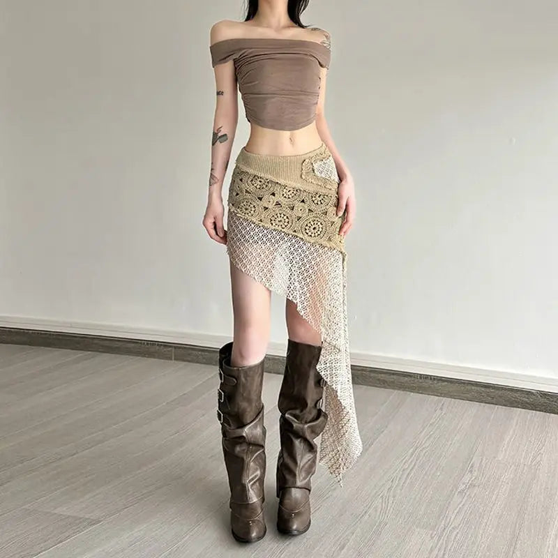 Bohemian Vintage Embroidery Knitted Skirts Summer Lace Patchwork Skirt for Women 2026 New Slim Fit Bodycon Faldas Mujer