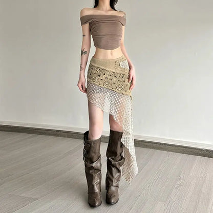 Bohemian Vintage Embroidery Knitted Skirts Summer Lace Patchwork Skirt for Women 2026 New Slim Fit Bodycon Faldas Mujer