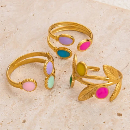 Boho Enamel Geometric Leaf Sunflower Open Rings Gold Plated Stainless Steel Rings For Women Aesthetic Couple Party Jewelry Gifts