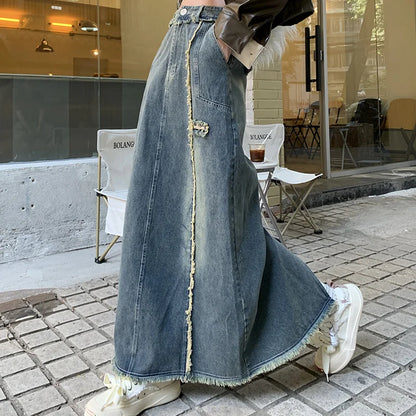 S-4XL Skirts Women Leisure Ankle-length All-match Denim Simple Chic Designed Vintage American Style Y2k Harajuku A-line Faldas