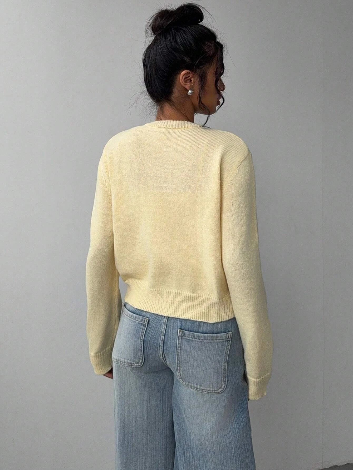 Women's Casual Solid Color Round Neck Long Sleeve Loose Cropped Top Single-breasted Sweater Cardigan Streetwear Autumn/Winter