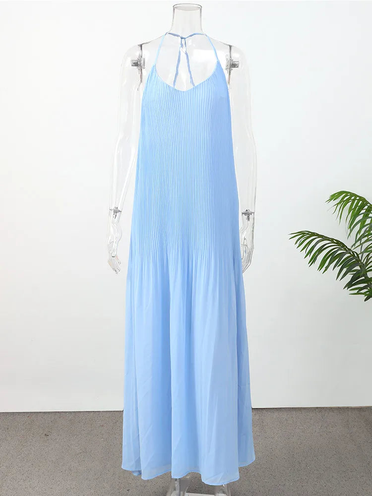 Blue Pleated Backless Maxi Dresses Women V Neck Off Shoulder A Line Loose Holiday Long Dress Elegant Casual Summer Vacation Robe