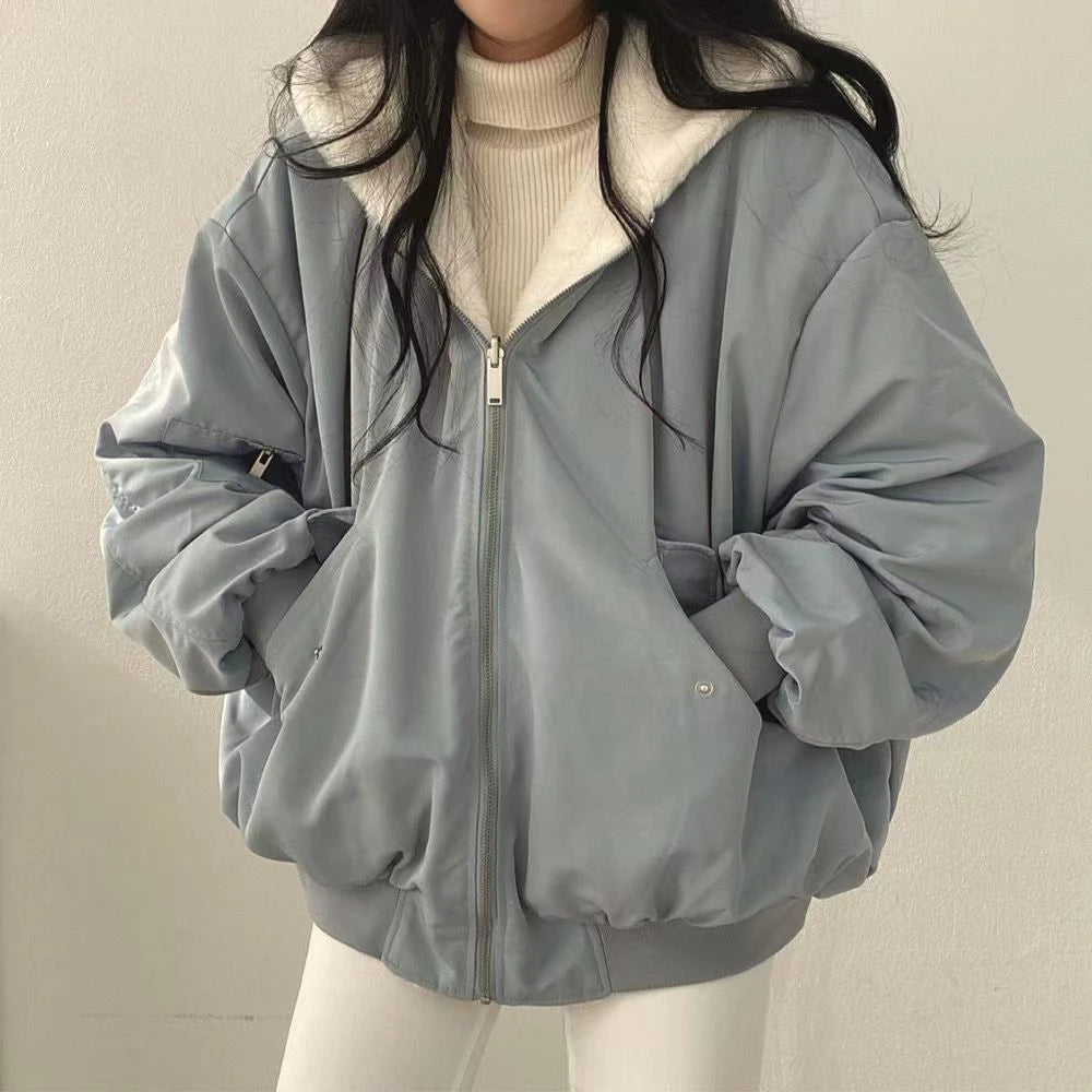 Faux Fur Coats Women American Vintage Jackets  Long Sleeve Hooded Office Lady Trench Winter Clothes Y2k Grey Jackets Streetwear