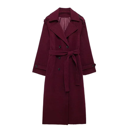 Elegant Burgundy Woolen Coat With Belt Women Lapel Full Sleeve Double Breasted Lady Overcoat 2024 Autumn Winter Female Outwear