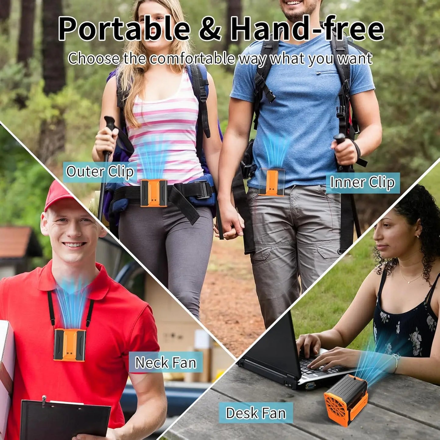 Portable Fan 10000mAh, Waist Clip Fan, wearable fan with Power Bank, suitable for USB charging fans in travel, fishing