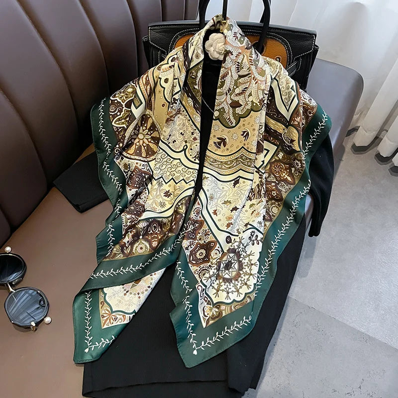 Twill Silk Scarf Women 90cm Square Hijab Shawls And Wraps Female Foulard Headkerchief Elegant Floral Summer Autumn Lady Bandana