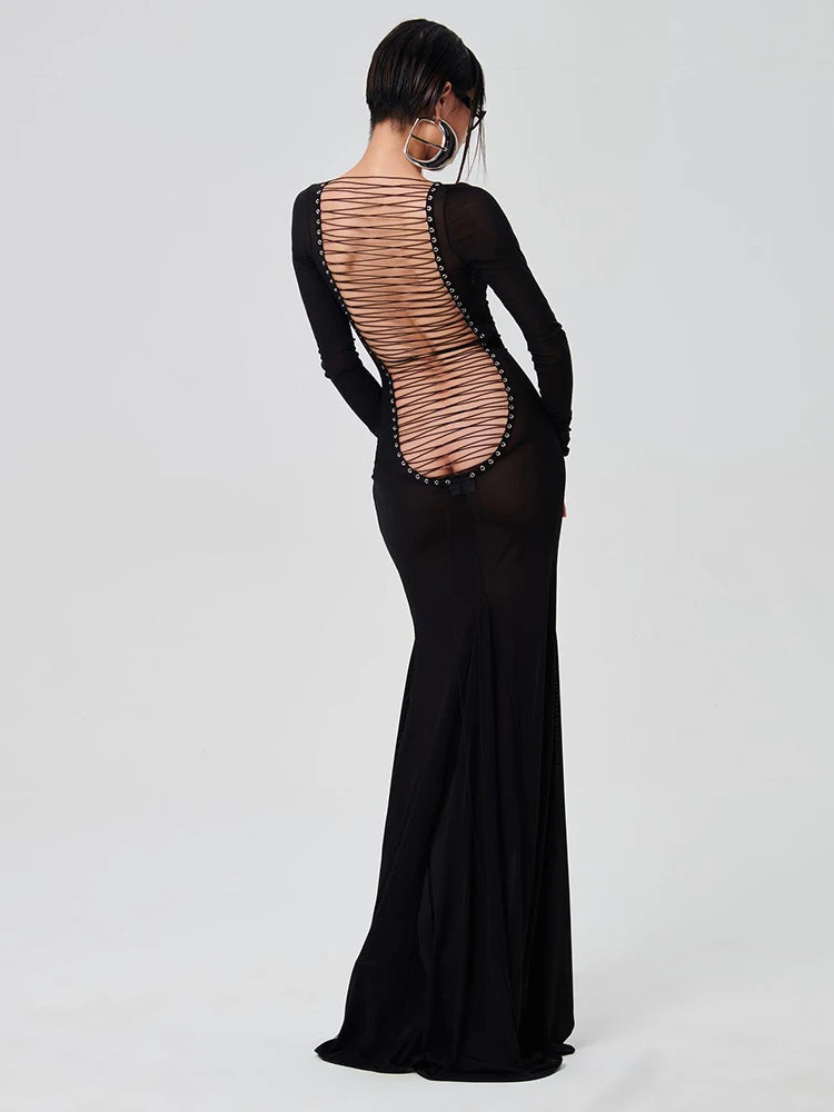 Dulzura 2023 Summer Solid See Through Maxi Backless Back Straps Dress Long Sleeve Edible Tree Fungus Party Birthday Y2K