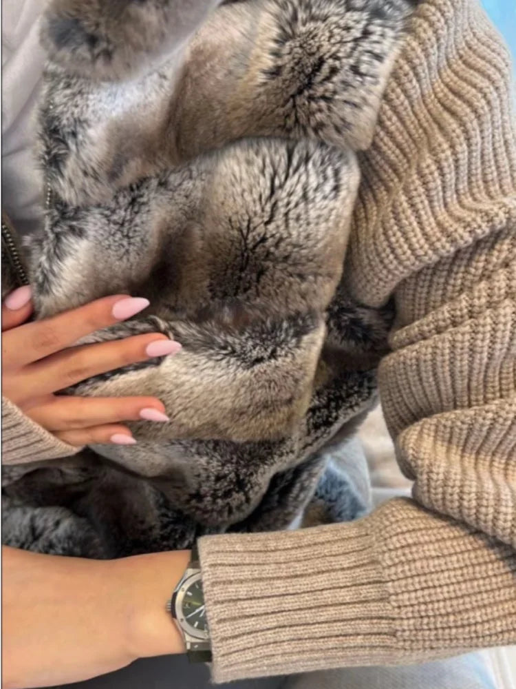 Vintage Faux Fur Patchwork Jacket For Women Fashion Knitted Long Sleeves Zipper Stand Coat 2025 Autumn Winter Female Streetwear