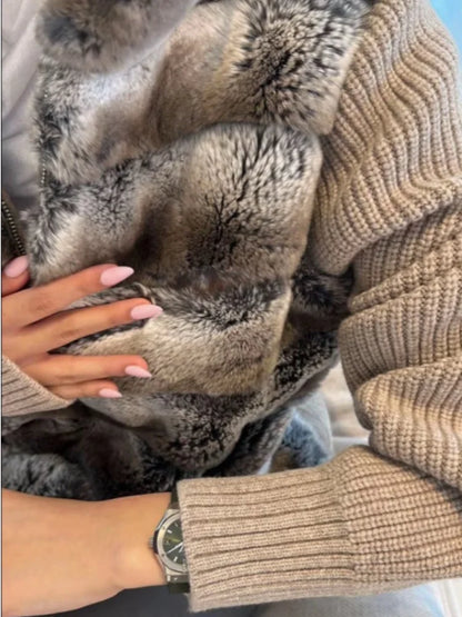Vintage Faux Fur Patchwork Jacket For Women Fashion Knitted Long Sleeves Zipper Stand Coat 2025 Autumn Winter Female Streetwear