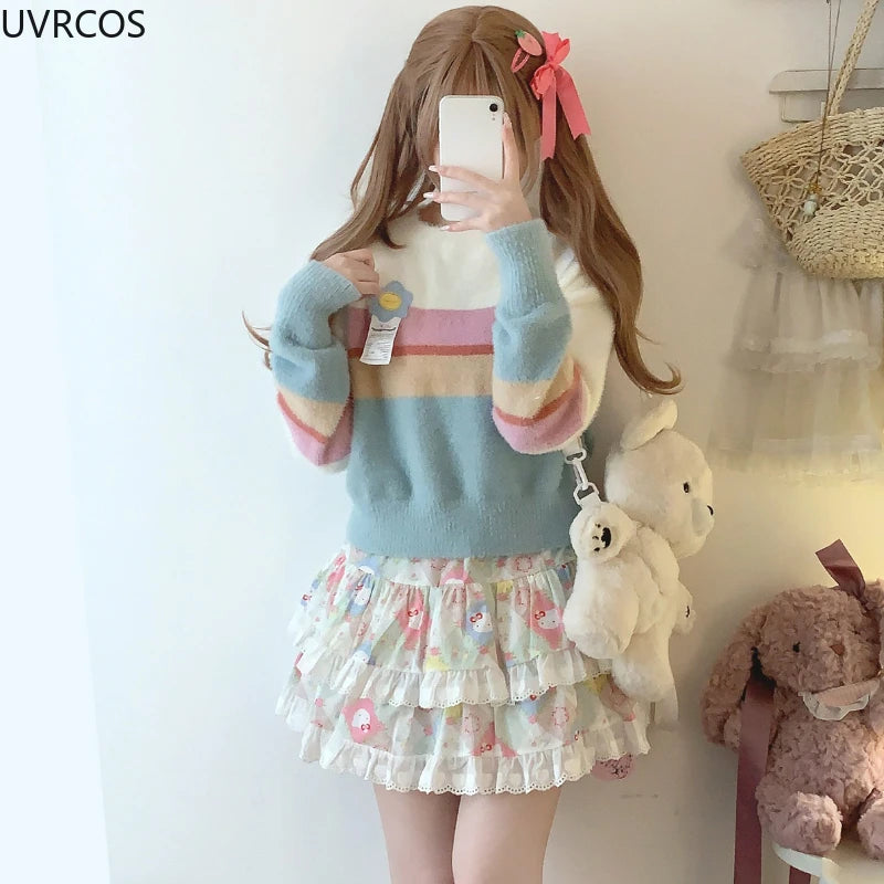 Korean Fashion Sweet Lolita Style Mini Skirt Women Cute Cat Print Layered Lace Cake Skirts Girly Japanese Kawaii Y2k Short Skirt