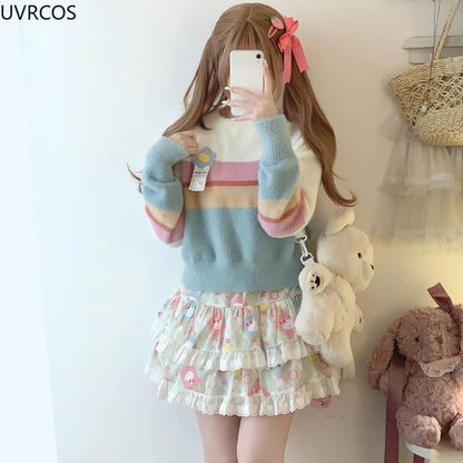 Korean Fashion Sweet Lolita Style Mini Skirt Women Cute Cat Print Layered Lace Cake Skirts Girly Japanese Kawaii Y2k Short Skirt