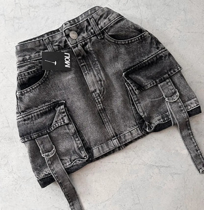 Streetwear Hot Girl Denim Skirt Women Harajuku Retro Gothic Multi Pocket Mini Skirt Fashion Casual Sexy Ultra Short Denim Skirt