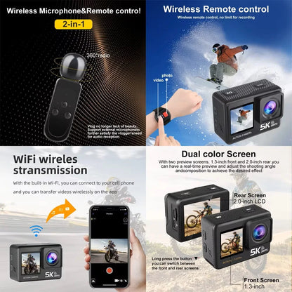 Action Camera 5K 4K60FPS  50MP 2" Touch Dual Screen 5X Zoom Wi-Fi EIS  170° DVR Webcam Wireless Mic 30M Waterproof Sport Camera