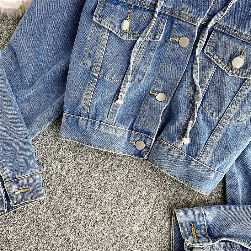 High Waist ort Loose Women's Denim Jaet with Long Sves And Hood in Autumn Winter New Sle Slimming Versatile Jaet