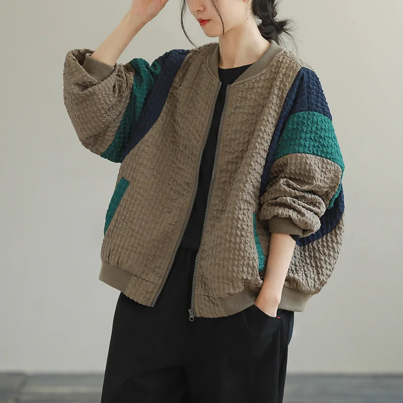 Johnature 2025 Autumn And Winter Woman New Fashion Loose Zipper O-Neck Jacket Splicing Long Sleeves Contrast Casual Jacket
