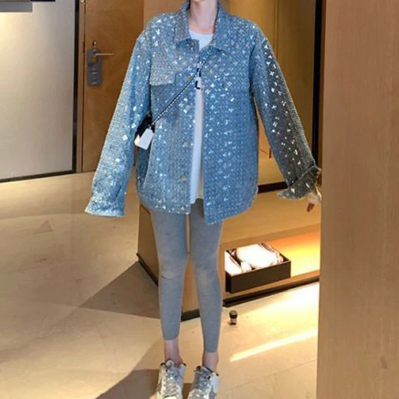 Blue sequined embroidered small fragrance jacket women's autumn and winter new jeans fashion design sense niche jacket