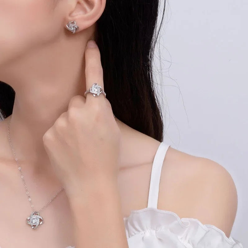 925 Sterling Silver Fine Jewelry Set with Inlaid Zircon: Pendant Necklace Earrings Ring for Women Engagement Party Gifts