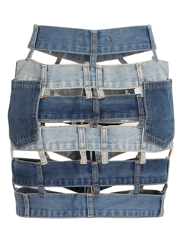 VGH Colorblock Streetwear Denim Skirts For Women High Waist Spliced Button Hollow Out Casual Irregular Skirt Female Fashion New