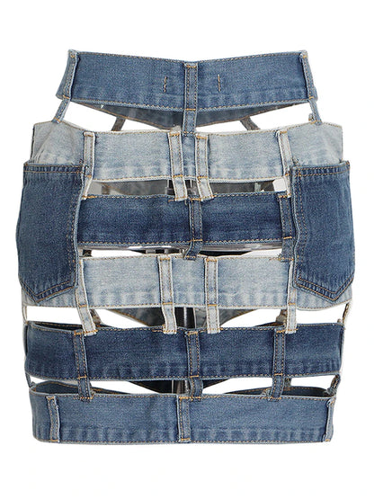VGH Colorblock Streetwear Denim Skirts For Women High Waist Spliced Button Hollow Out Casual Irregular Skirt Female Fashion New