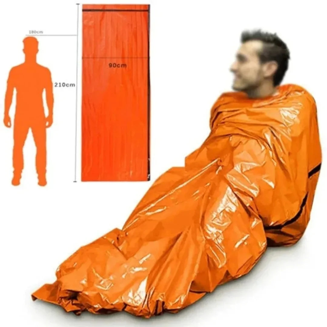 Insulated emergency sleeping bag, reusable & compact w/ whistle. PE material, drawstring. For outdoor & first aid.