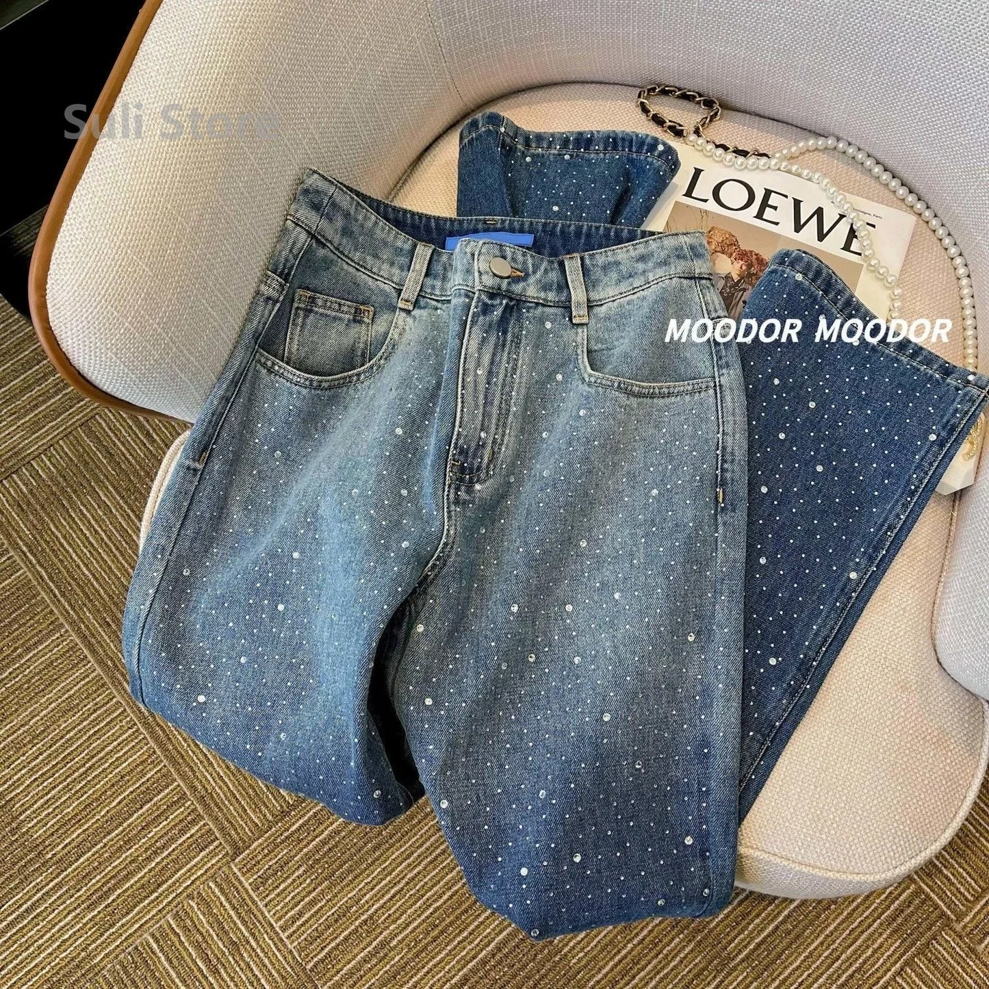 2024 New Spring Summer All-match Casual Harem Pants High Waist Stretch Slim Denim Pants Hot Drilling Casual Ankle-length Jeans