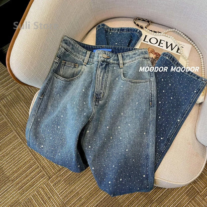 2024 New Spring Summer All-match Casual Harem Pants High Waist Stretch Slim Denim Pants Hot Drilling Casual Ankle-length Jeans