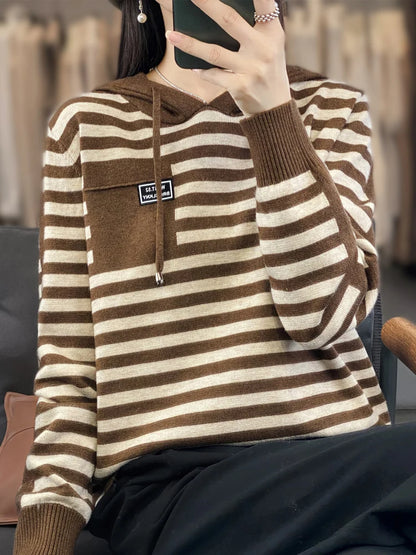 Winter Pure Wool Fashion Soft Sweater Autumn Female New Women Hooded Collar Strip Pullover Cashmere Loose Casual Knit Base Top