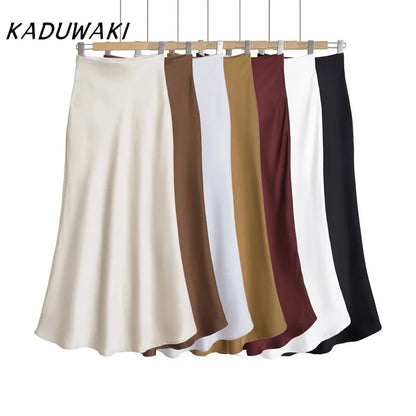 KADUWAKI Summer Long Black Satin Skirts Spring Straight Maxi Champagne Skirts Elegant Women Satin Silk Skirts Long Brown 니트 스커트