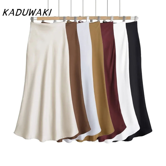 KADUWAKI Summer Long Black Satin Skirts Spring Straight Maxi Champagne Skirts Elegant Women Satin Silk Skirts Long Brown 니트 스커트