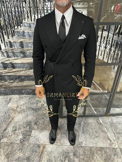 Black Men's Suit 2 Piece Double Breasted Jacket Pants Formal Wedding Groom Tuxedo Peaked Lapel Blazer Customized Men's Suit