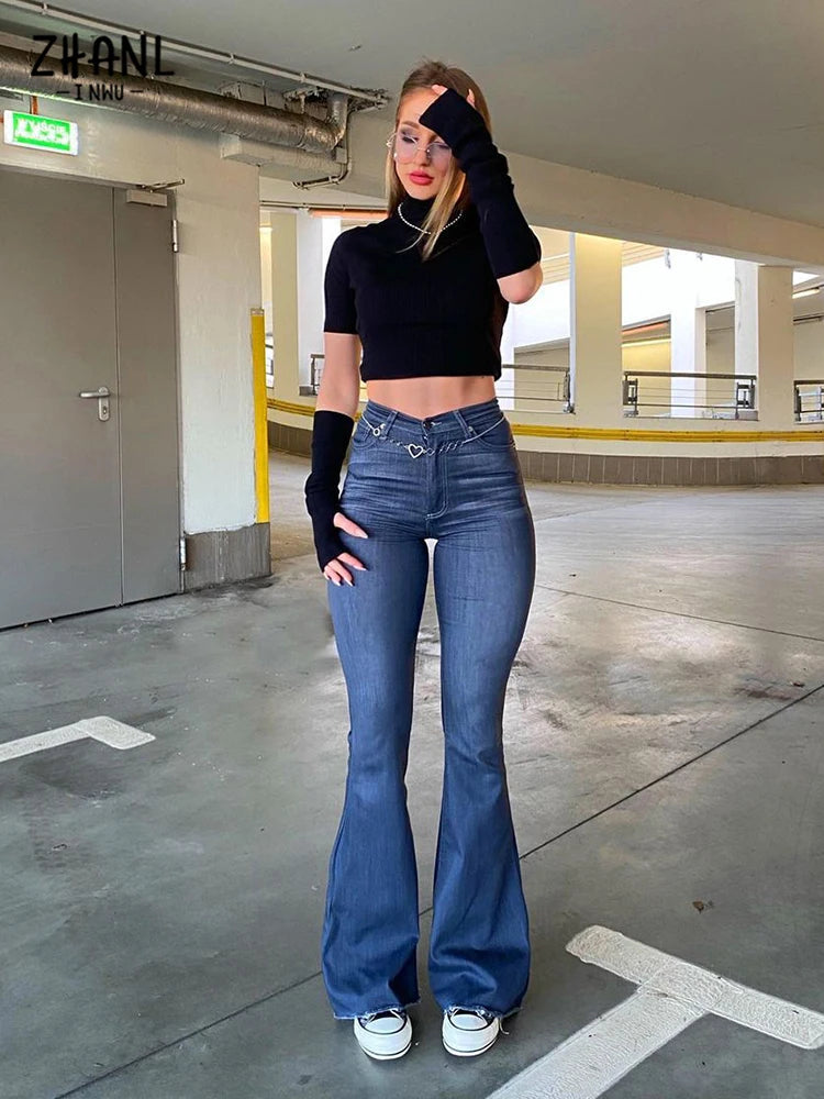 Spring Autumn Thin Fashion Y2K Blue Jeans Women High Waist Stretch Jeans Femme Trousers Vintage Casual Comfort Denim Flare Pants