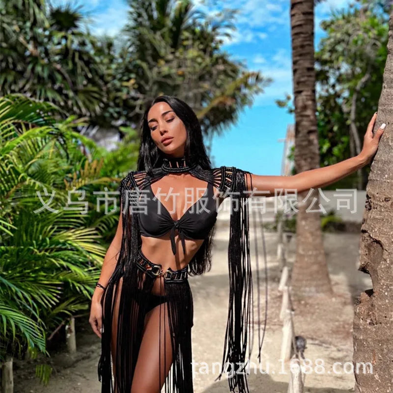 Hand Crochet Knitted Women Bikini Cover Ups 2023 Summer Holiday Tassel Beach Bathing Suit Sexy Hollow Out Skirts Matching Set