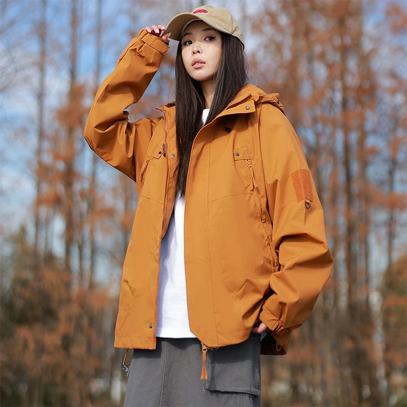 Pink Outdoor Camping Jacket Women's Autumn Loose-fit Hooded Jackets Elegant Long Sleeve Fashionable Harajuku Bf Windbreaker Coat