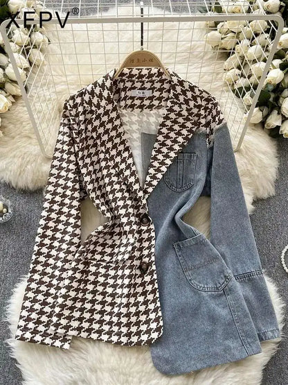 XFPV Women Jacket Lapel Long Sleeve Irregular Patchwork Denim Single Breasted Plaid Blazer Coat Autumn Winter 2025 SM9518