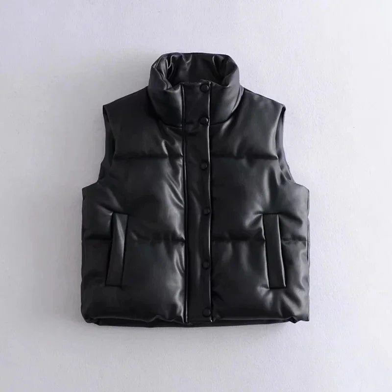 Autumn Winter PU Leather Coat Women Black Stand Collar Vests Women Fashion Zipper Elegant Short Vests Female Ladies