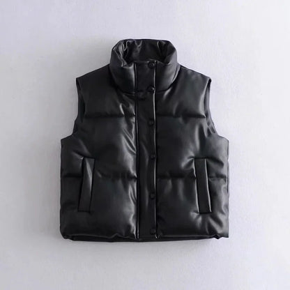 Autumn Winter PU Leather Coat Women Black Stand Collar Vests Women Fashion Zipper Elegant Short Vests Female Ladies