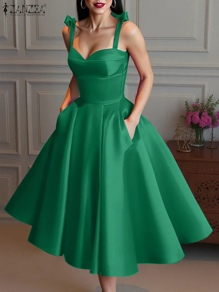 ZANZEA Women Evening Dress Elegant Spaghetti Strap Mid-Calf Party Dress Summer 2025 Retro Square Collar Sleeveless Vestidos Robe