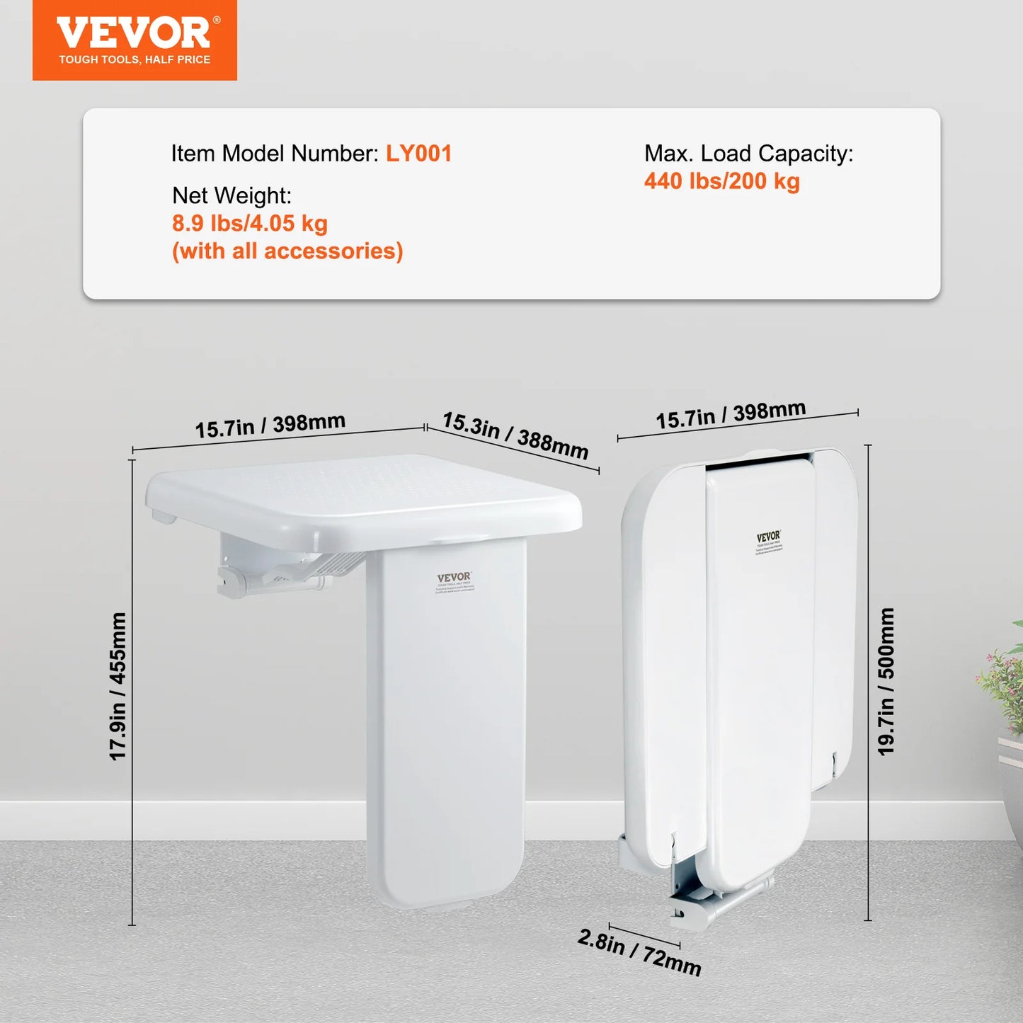 SucceBuy Folding ABS Shower Seat 15.7'' x 16.7'' Unfolded Wall Mounted Fold Up Shower Bench 440 lbs Load Capacity Shower Chair