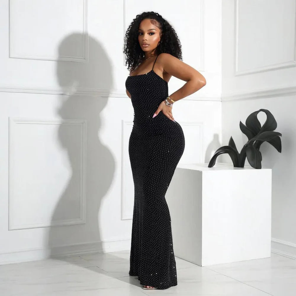 Women Camisole Dress Sheath Party Dresses Ankle Length Vestidos Sleeveless Slim 2025 Diamonds Slight Strech Summer Spliced