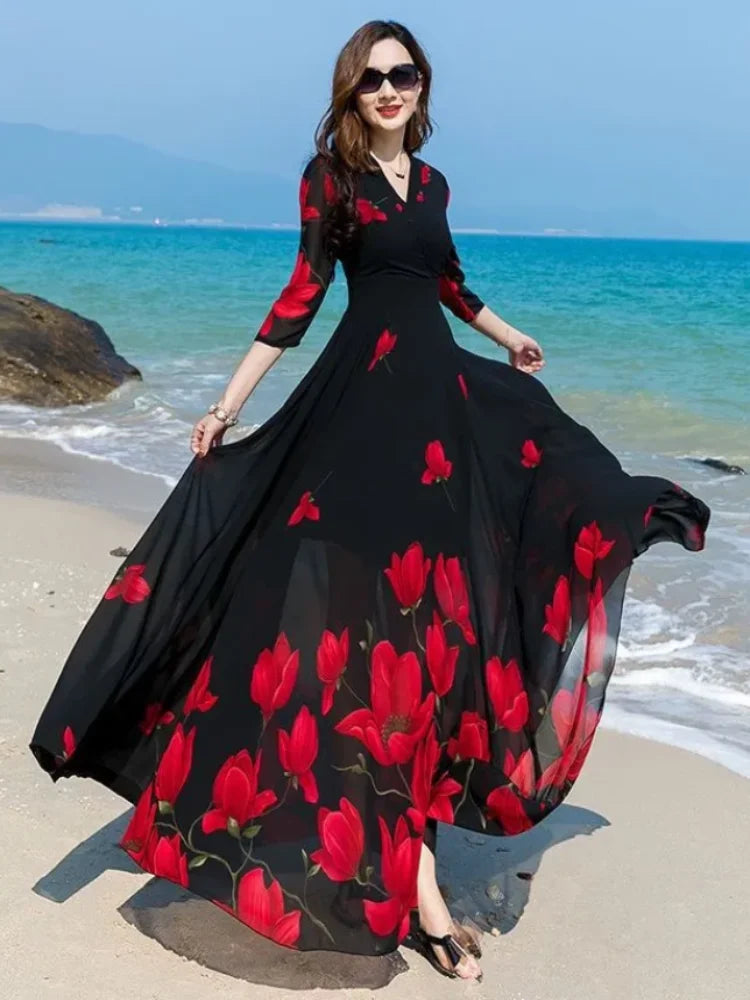 2025 Summer New Korean V-Neck Printed Chiffon Dress Women's Slim Oversize 4XL Long Sleeve Large Swing Slim Beach Long Dresses