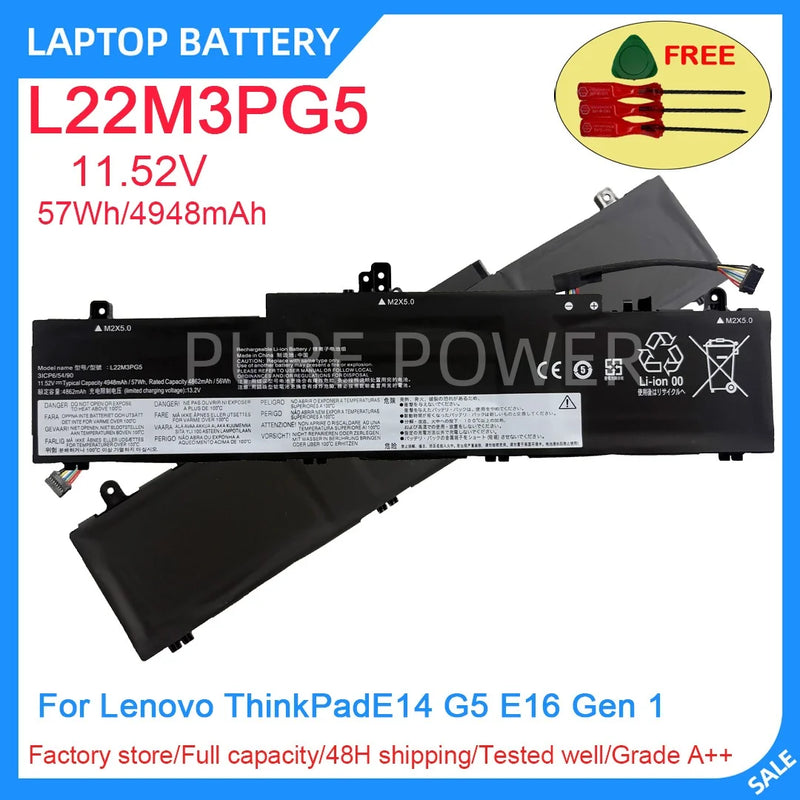 Full Capacity L22L3PG5 L22M3PG5 Laptop Battery For Lenovo ThinkPad E14 G5 E16 Gen 1 11.52V 4948mAh 57Wh L22B3PG5 L22C3PG5