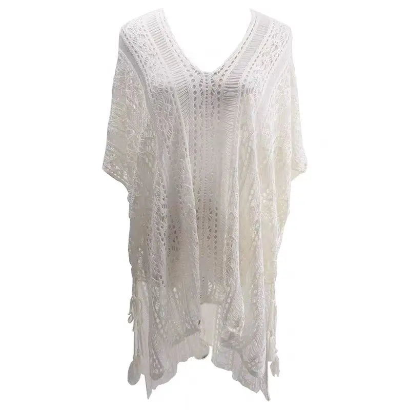 Knit Hollow Out Dress Without Bikini, Long Sleeves Round Neck See Through Crochet Cover Up Dress, Women's Swimwear & Clothing