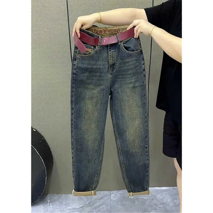 2025 NEW Spring Autumn Embroidery High Waist Straight Jeans Loose Fit Stretch Haren Denim Pants Ladies Ankle-Length Jeans Pants