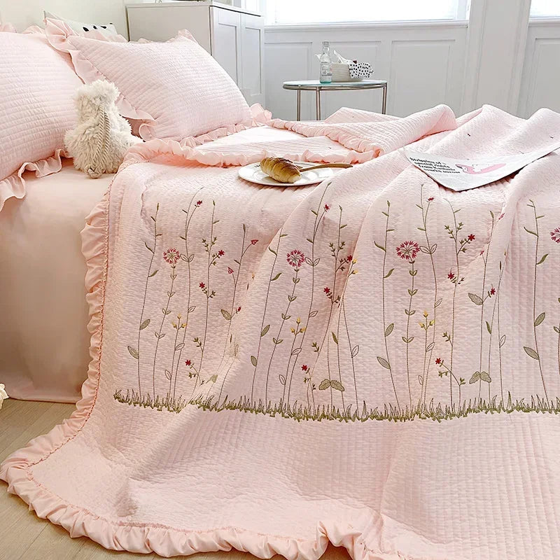 Ruffles Flowers Embroidery Spring Summer Quilt 1/3/4 Pcs Set Princess Quilted Bedspread Air-conditioning Blanket Comforter Duvet