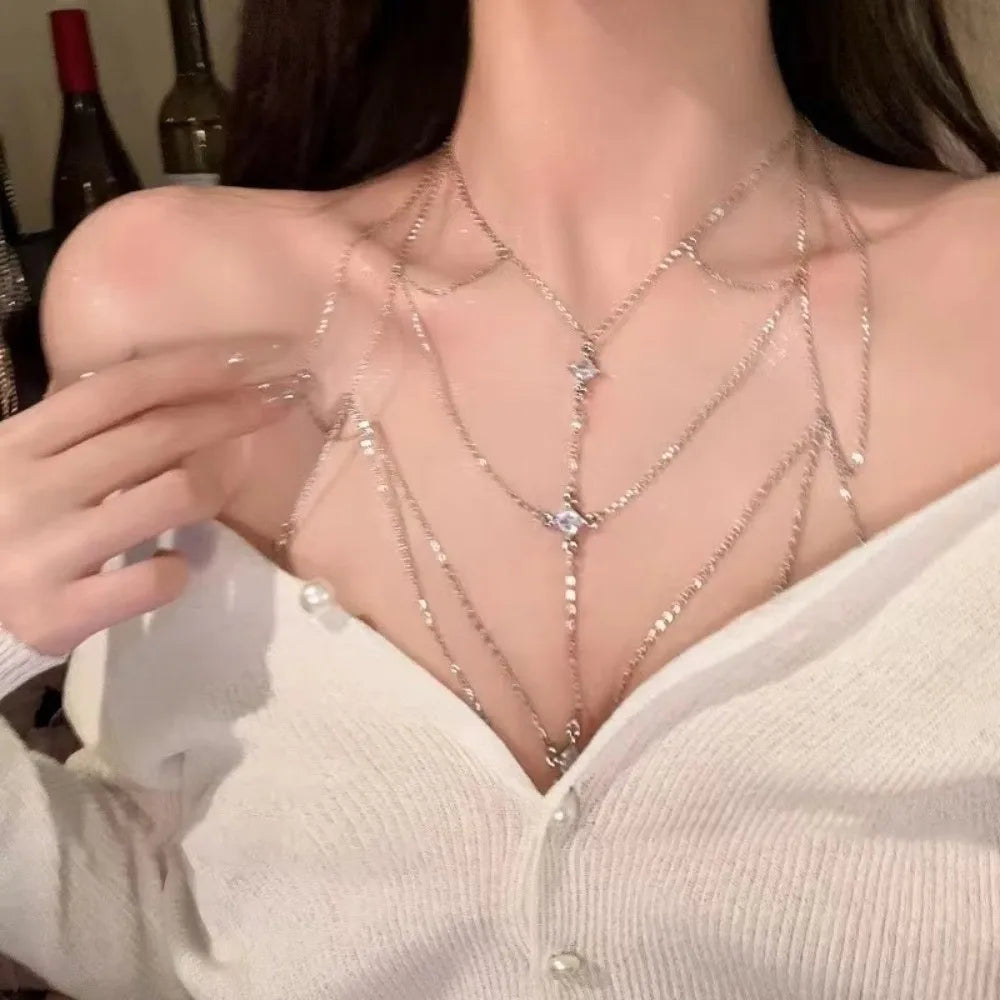 Body Jewelry Glitter Rhinestone Bust Chain Multilayer Luxury Bikini Chest Chain Trend Unique Silver Body Chain Party