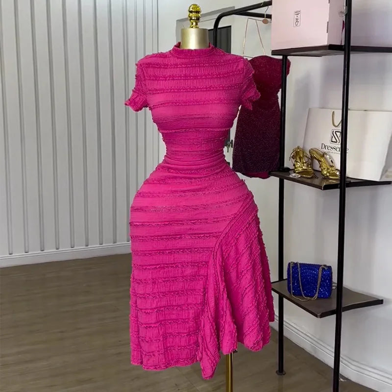 Women Short Sleeve 2025 New High Neck Big Swing Elastic Dress Sweet Elegant Sexy Birthday Night Party Vestidos Event Dresses