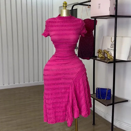 Women Short Sleeve 2025 New High Neck Big Swing Elastic Dress Sweet Elegant Sexy Birthday Night Party Vestidos Event Dresses